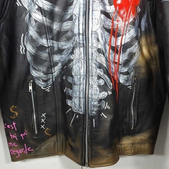 Mega Force Men's Sz46 Black Leather Custom Hand Painted Zip Motorcycle Jacket - Picture 3 of 16